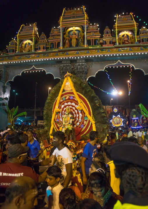 Crowd Surrounding The Thaipusam Kavadi Bearers At Batu Caves Gate At Night, Southeast Asia, Kuala Lumpur, Malaysia