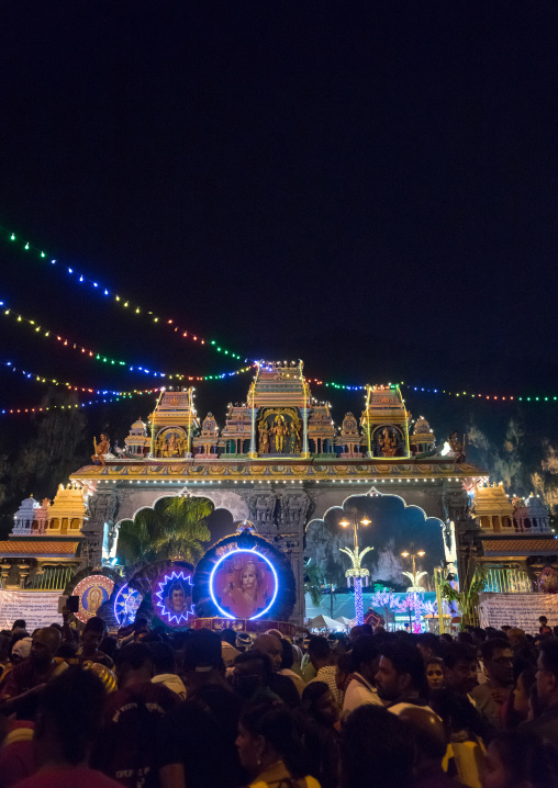 Crowd Surrounding The Thaipusam Kavadi Bearers At Batu Caves Gate At Night, Southeast Asia, Kuala Lumpur, Malaysia