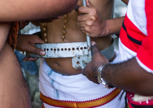 Hindu Devotee Preparing His Kavadi In Annual Thaipusam Religious Festival In Batu Caves, Southeast Asia, Kuala Lumpur, Malaysia