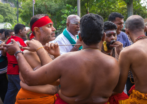 A Devotee Cheek Is Pierced With A Giant Skewer By A Priest At Thaipusam Hindu Festival At Batu Caves, Southeast Asia, Kuala Lumpur, Malaysia