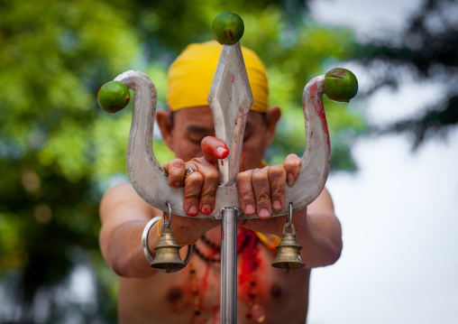 Hindu Devotee With Vishnu Trident In Annual Thaipusam Religious Festival In Batu Caves, Southeast Asia, Kuala Lumpur, Malaysia