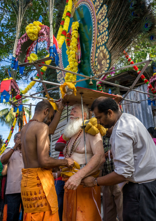 Devotee Kavadi Australian Bearer With Tongue Piercing At Thaipusam Hindu Religious Festival In Batu Caves, Southeast Asia, Kuala Lumpur, Malaysia