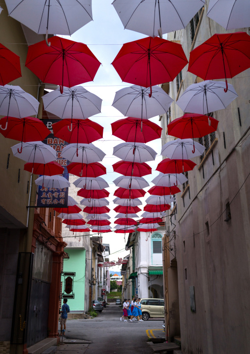 Red And White Umbrellas Above Street, Perak State, Ipoh, Malaysia