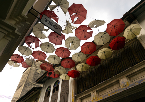 Red And White Umbrellas Above Street, Perak State, Ipoh, Malaysia