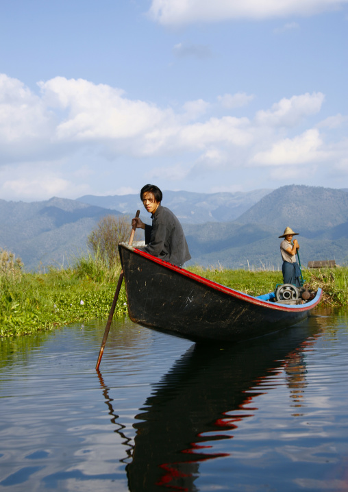 Man Rowing A Fishing Boat, Inle Lake, Myanmar