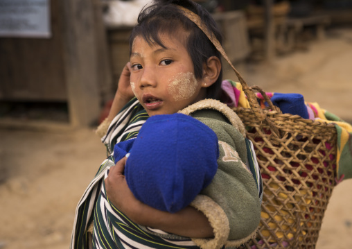 Young Gilr Holding A Baby, Mindat, Myanmar