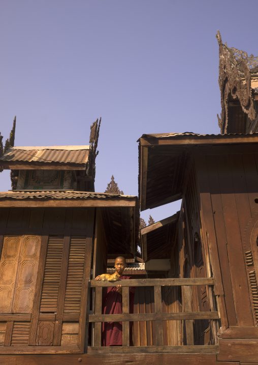 Novice Buddhist With A Cat In Shwe Yan Pyay Monastery, Inle Lake, Myanmar