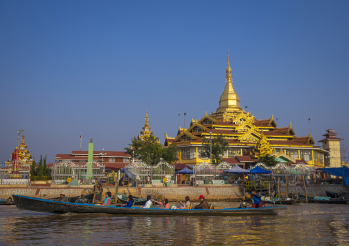 Boat Passing In Front Of A Monastery, Inle Lake, Myanmar