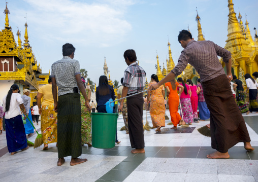 Women And Men Sweeping The Shwedagon Pagoda, Yangon, Myanmar