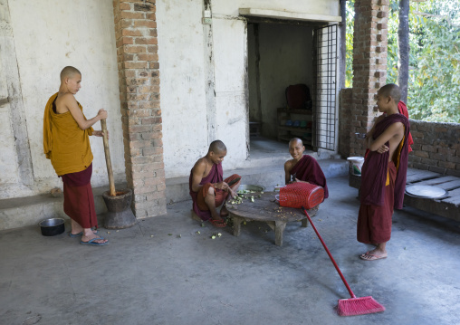 Young Novices Preparing The Meal, Mrauk U, Myanmar