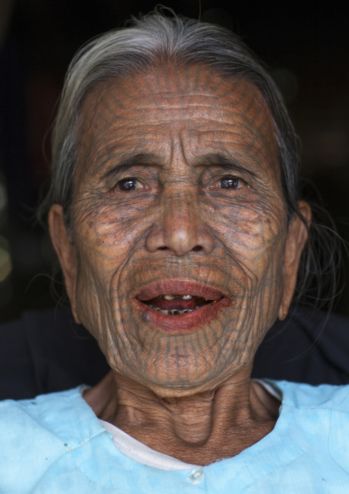 Tribal Chin Woman With Spiderweb Tattoo On The Face, Mrauk U, Myanmar