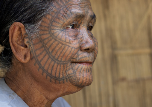 Tribal Chin Woman With Spiderweb Tattoo On The Face, Mrauk U, Myanmar