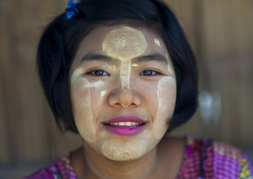 Smiling Burmese Girl With Thanaka On The Face, Mrauk U, Myanmar