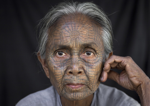 Tribal Chin Woman With Spiderweb Tattoo On The Face, Mrauk U, Myanmar