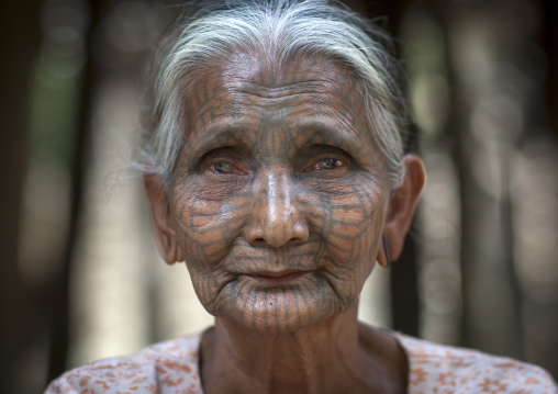 Tribal Chin Woman With Spiderweb Tattoo On The Face, Mrauk U, Myanmar