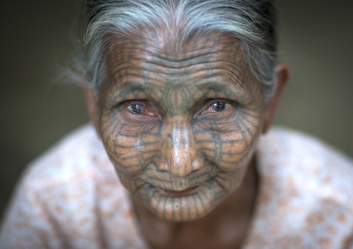 Tribal Chin Woman With Spiderweb Tattoo On The Face, Mrauk U, Myanmar