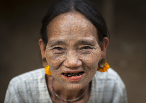 Tribal Chin Woman With Spiderweb Tattoo On The Face, Mrauk U, Myanmar