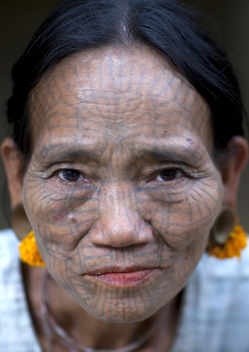 Tribal Chin Woman With Spiderweb Tattoo On The Face, Mrauk U, Myanmar