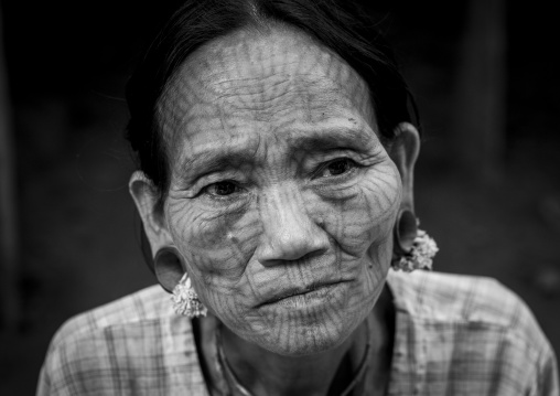 Tribal Chin Woman With Spiderweb Tattoo On The Face, Mrauk U, Myanmar