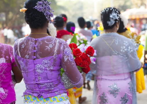 Women Walking To The Temple With Offerings For A Novitiation Ceremony, Bagan,  Myanmar