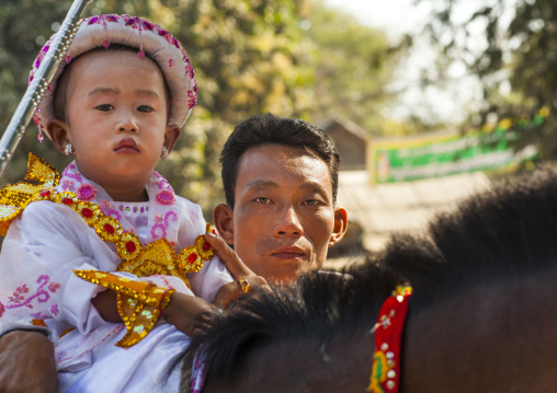 Child And Father During A Novitiation Parade, Bagan,  Myanmar