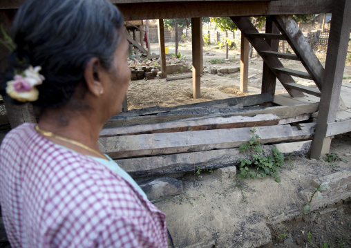 Rohingya Woman Showing The Pillar Of Her House Burnt By 969 Extremists Buddhists, Thandwe, Myanmar