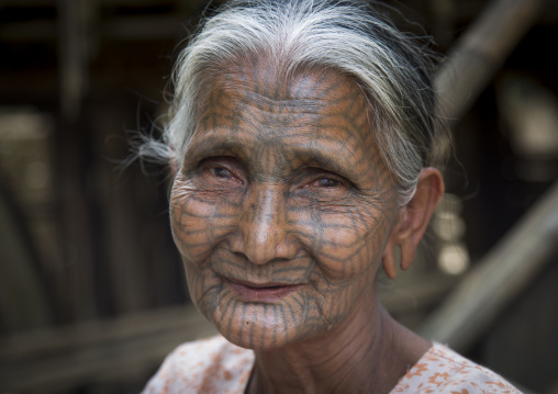 Tribal Chin Woman With Spiderweb Tattoo On The Face, Mrauk U, Myanmar