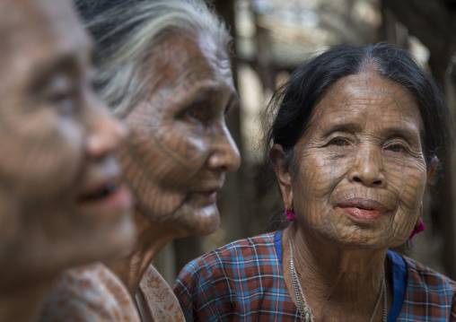 Tribal Chin Women With Spiderweb Tattoo On The Faces, Mrauk U, Myanmar