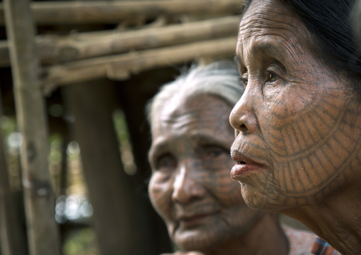 Tribal Chin Women With Spiderweb Tattoo On The Faces, Mrauk U, Myanmar