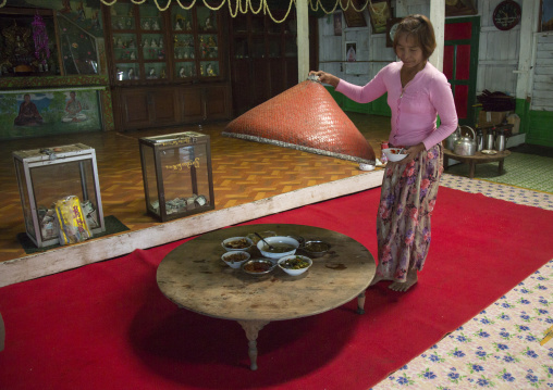 Burmase Woman Having A Meal In A Monastery, Mindat, Myanmar