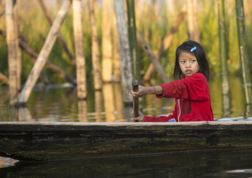 Girl Rowing In A Boat, Inle Lake, Myanmar