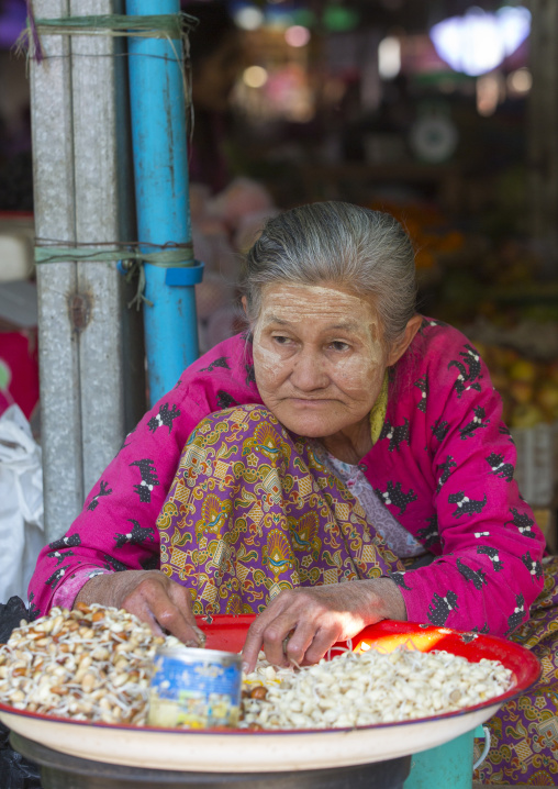 Old Woman Seller In A Market, Ngapali, Myanmar