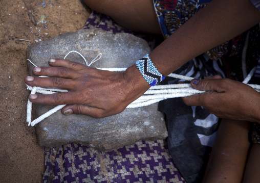 Bushman Women Making Necklaces With Ostrich Egg Shell, Tsumkwe, Namibia