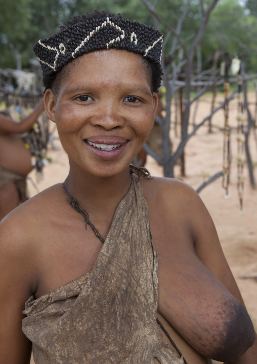 Bushman Woman With Beaded Traditional Headdress, Tsumkwe, Namibia