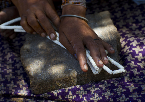 Bushman Women Making Necklaces With Ostrich Egg Shell, Tsumkwe, Namibia