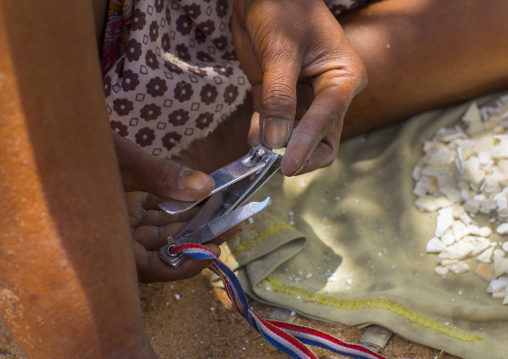 Bushman Women Making Necklaces With Ostrich Egg Shell, Tsumkwe, Namibia