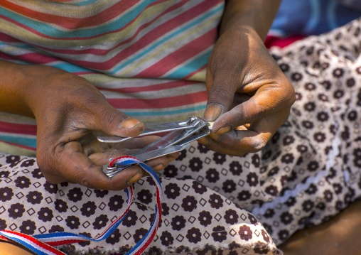 Bushman Women Making Necklaces With Ostrich Egg Shell, Tsumkwe, Namibia