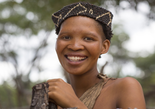 Bushman Woman With Beaded Traditional Headdress, Tsumkwe, Namibia