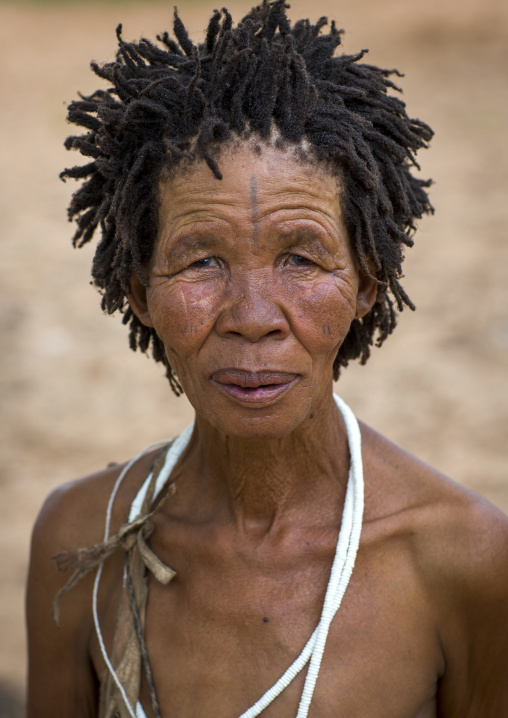 Bushman Woman With Traditional Hairstyle, Tsumkwe, Namibia