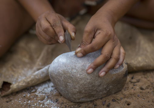 Bushman Women Making Necklaces With Ostrich Egg Shell, Tsumkwe, Namibia