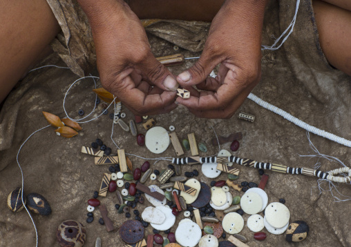 Bushman Women Making Necklaces With Ostrich Egg Shell, Tsumkwe, Namibia