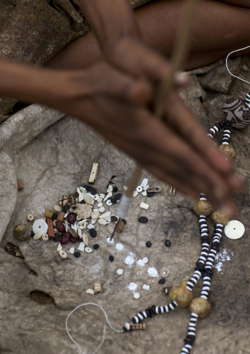 Bushman Women Making Necklaces With Ostrich Egg Shell, Tsumkwe, Namibia