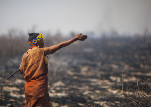 Bushman Woman In The Bush After A Fire, Tsumkwe, Namibia