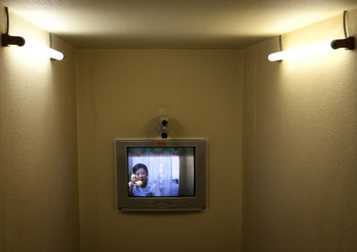 Television in maternity hospital room allowing to visitors to watch the mother and her baby, Pyongan Province, Pyongyang, North Korea