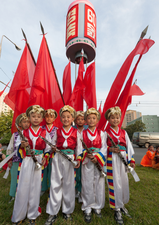 Pungmul children artists during the celebration of the 60th anniversary of the regim, Pyongan Province, Pyongyang, North Korea