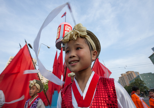 Pungmul children artists during the celebration of the 60th anniversary of the regim, Pyongan Province, Pyongyang, North Korea