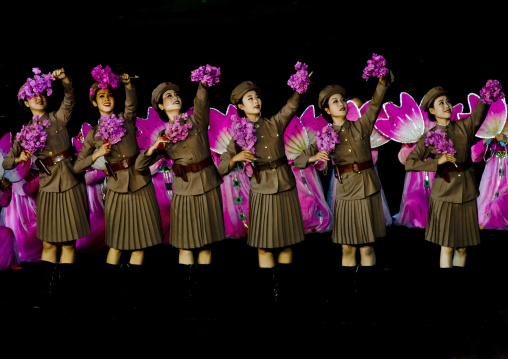 North Korean women dressed as soldiers during the Arirang games in may day stadium, Pyongan Province, Pyongyang, North Korea