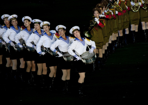 Sexy North Korean women dressed as sailors during the Arirang mass games in may day stadium, Pyongan Province, Pyongyang, North Korea