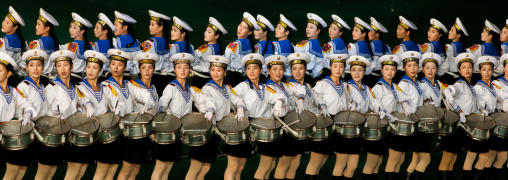 Sexy North Korean women dressed as sailors during the Arirang mass games in may day stadium, Pyongan Province, Pyongyang, North Korea