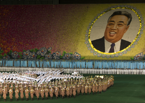 Kim il Sung portrait made by children pixels holding up colored boards during Arirang mass games in may day stadium, Pyongan Province, Pyongyang, North Korea